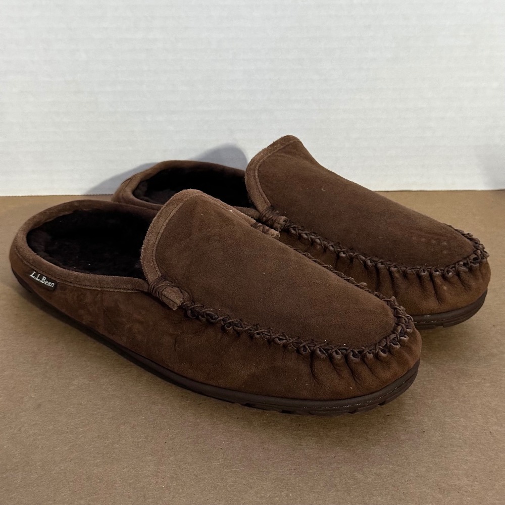LL Bean Wicked Good Slipper Scuffs Mens 10 Brown Good Suede Faux Fur 271485